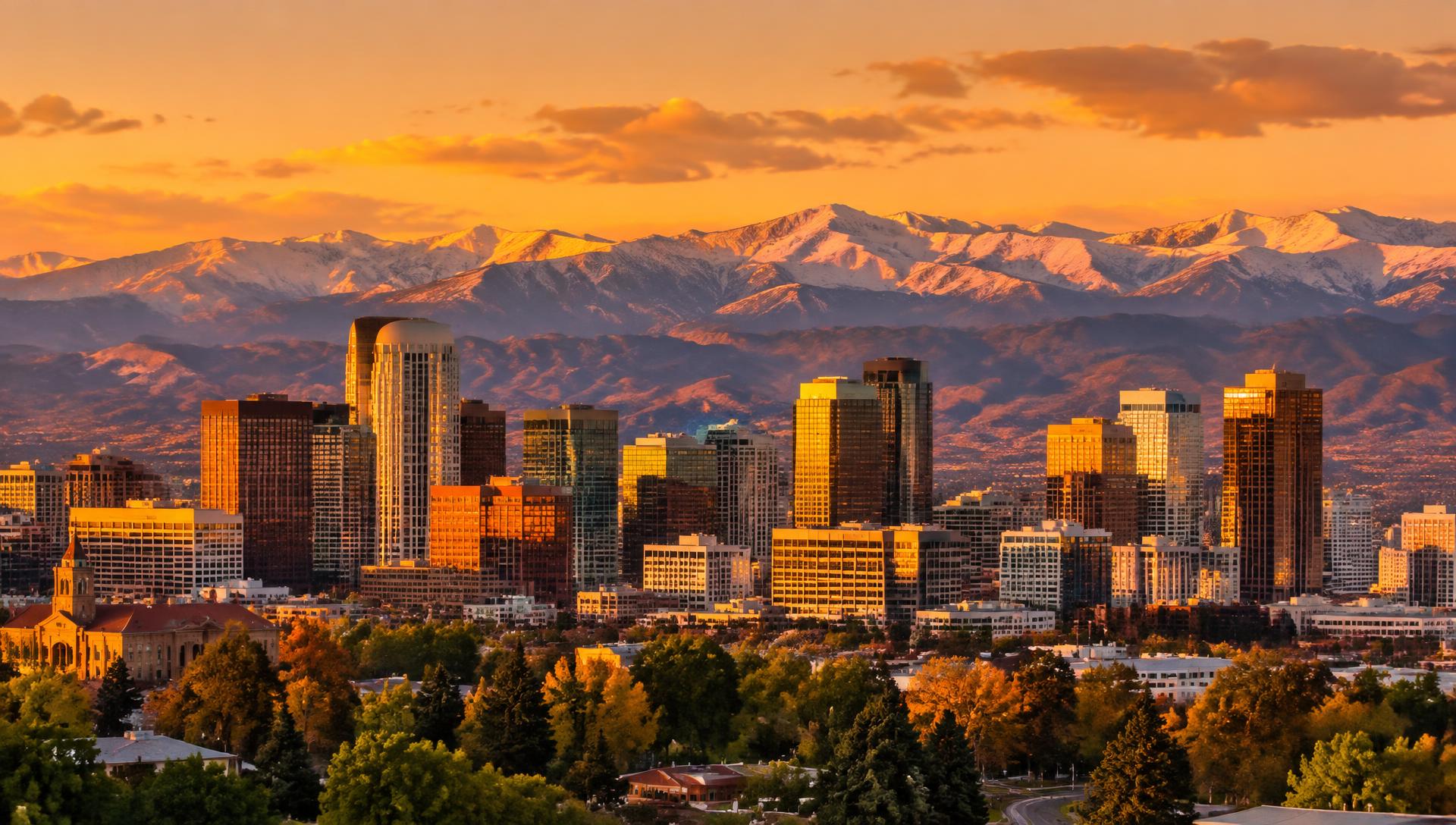 Denver skyline with the Rocky Mountains at golden hour